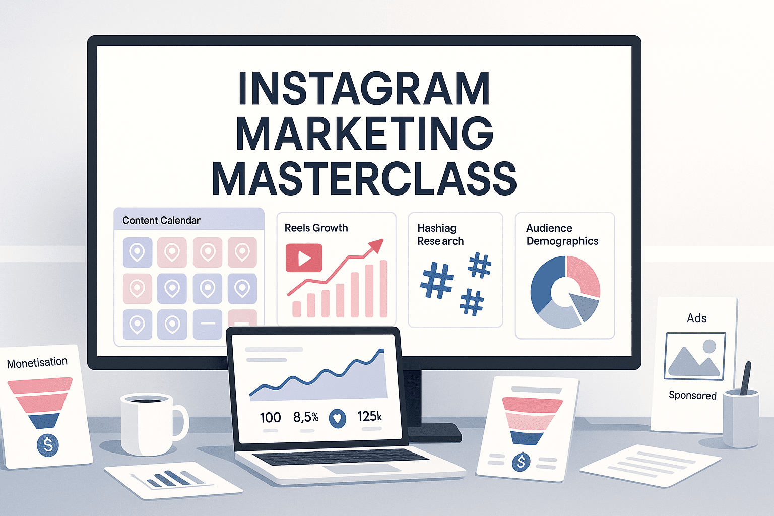 Instagram Marketing Masterclass showing content strategy, reels growth, hashtag research, analytics dashboard and monetisation visuals
