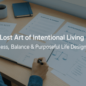 A learner planning intentional living goals at a tidy UK desk with mindfulness worksheets, purpose planners and life-design notes.