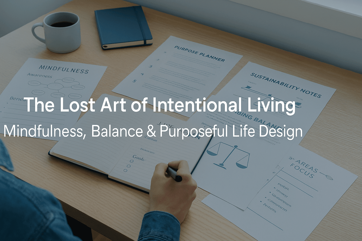 A learner planning intentional living goals at a tidy UK desk with mindfulness worksheets, purpose planners and life-design notes.