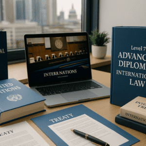 Modern UK study desk with legal documents, treaties and UN books for International Law Diploma Level 7.