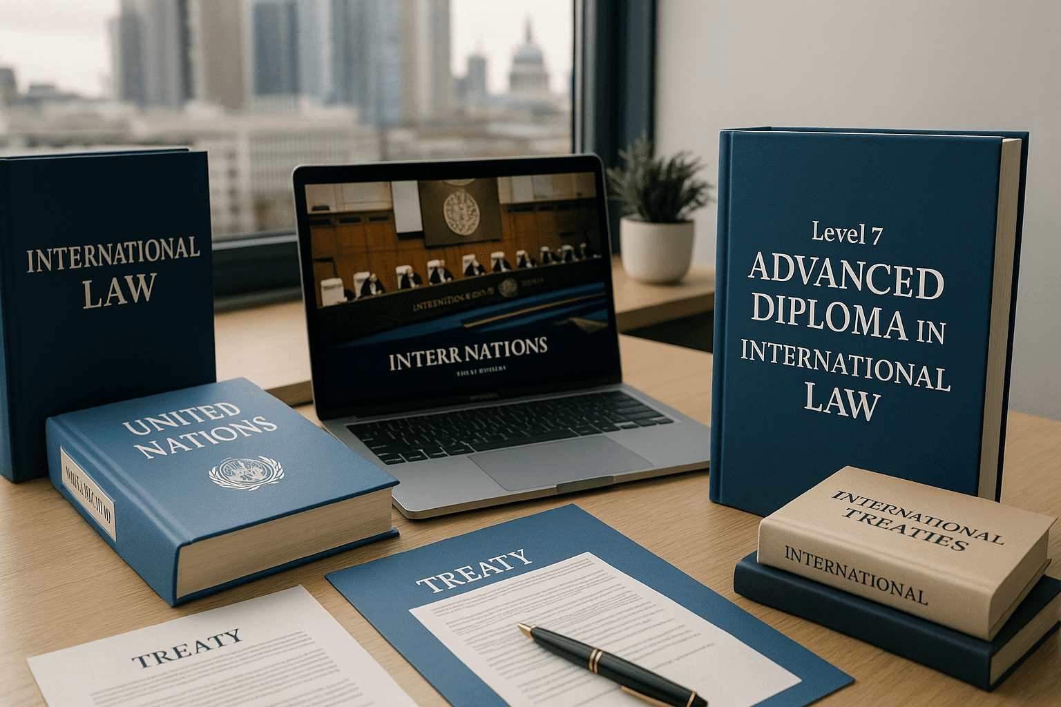 Modern UK study desk with legal documents, treaties and UN books for International Law Diploma Level 7.