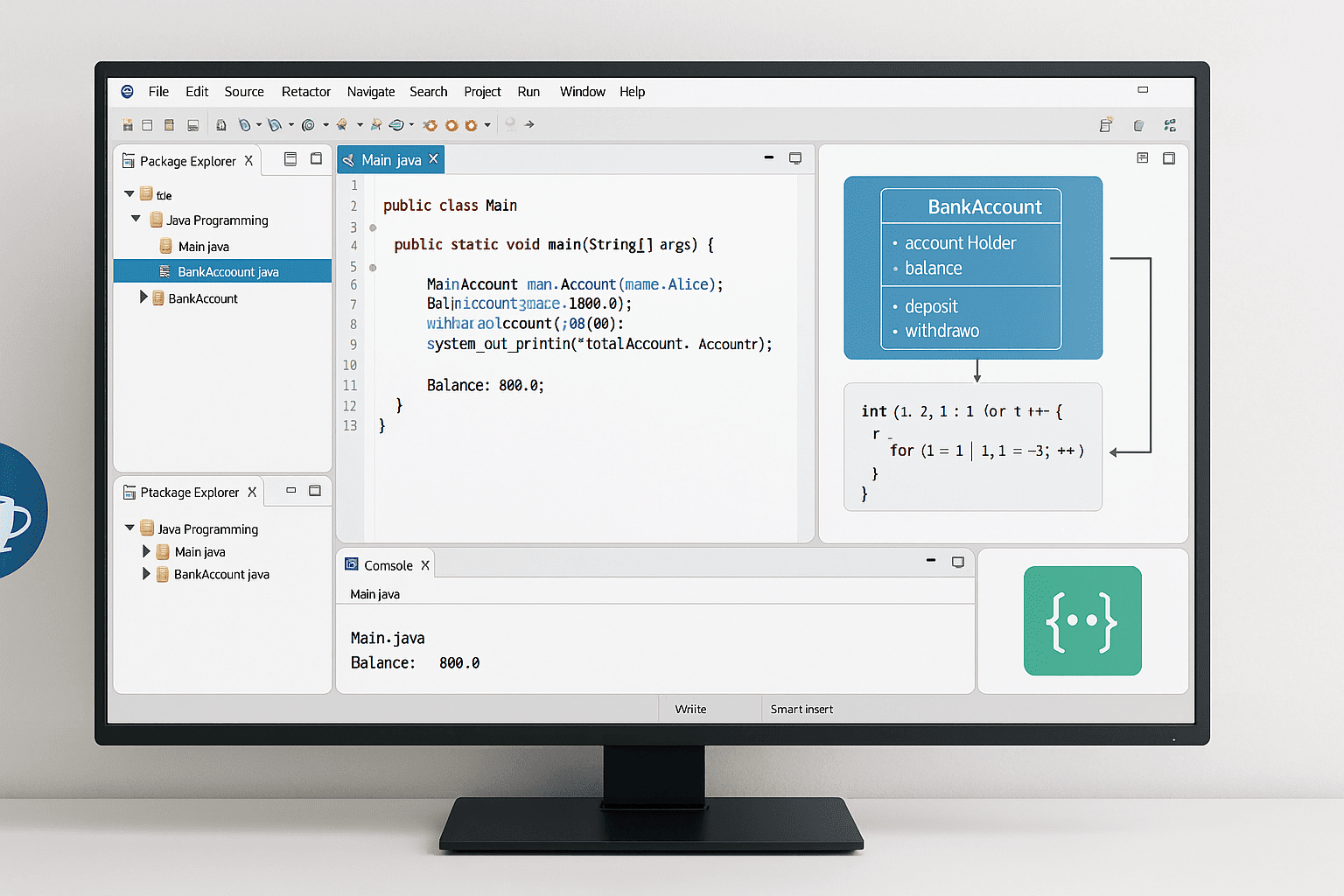 Modern coding workspace showing Java programming code, Eclipse IDE, OOP diagrams, and project-based development on screen