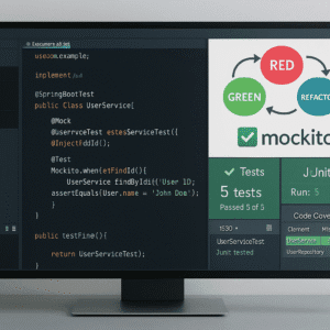 Java unit testing workspace showing JUnit 5 tests, Mockito mocks, TDD flow, and code coverage reports in an IDE