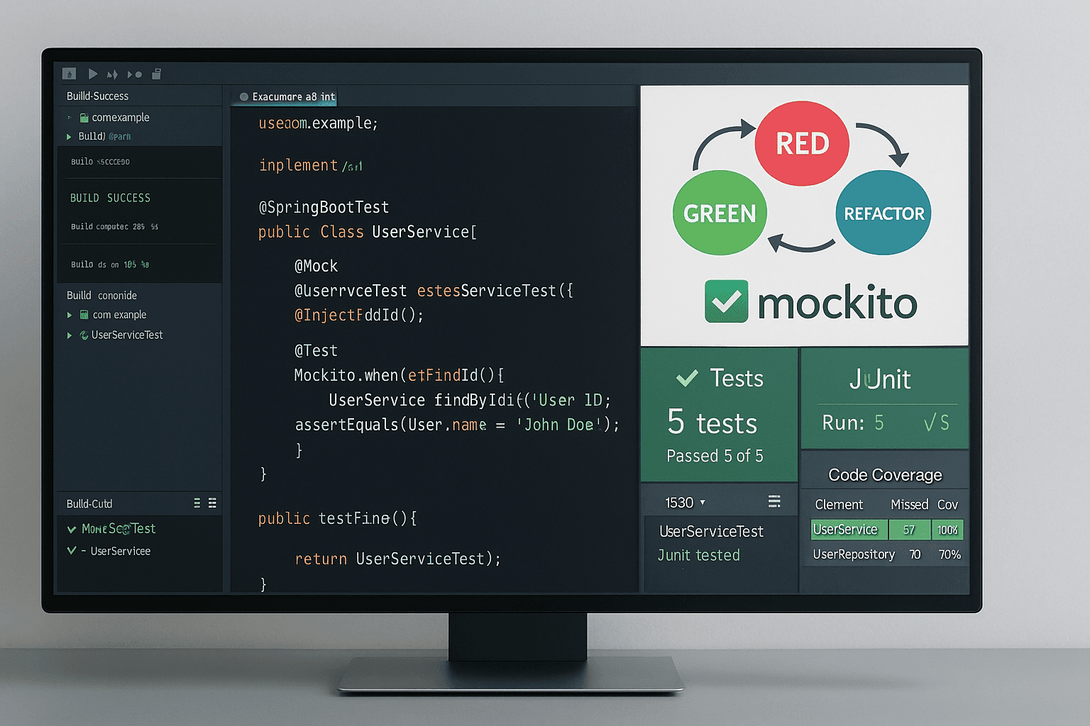 Java unit testing workspace showing JUnit 5 tests, Mockito mocks, TDD flow, and code coverage reports in an IDE