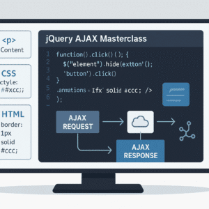 jQuery AJAX masterclass visual showing JavaScript code, DOM manipulation, events, animations, and AJAX data flow