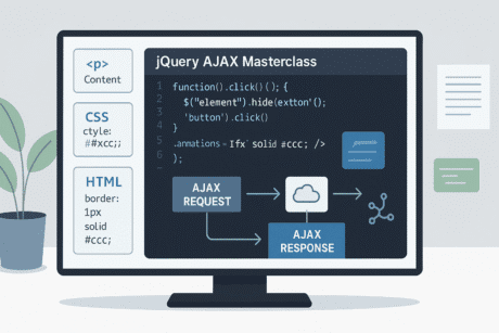 jQuery AJAX masterclass visual showing JavaScript code, DOM manipulation, events, animations, and AJAX data flow