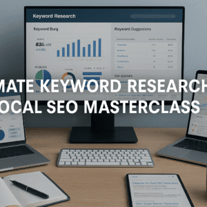 UK-style digital workspace with SEO dashboards, keyword research tools, local SEO maps, and analytics charts for a Keyword Research SEO course.