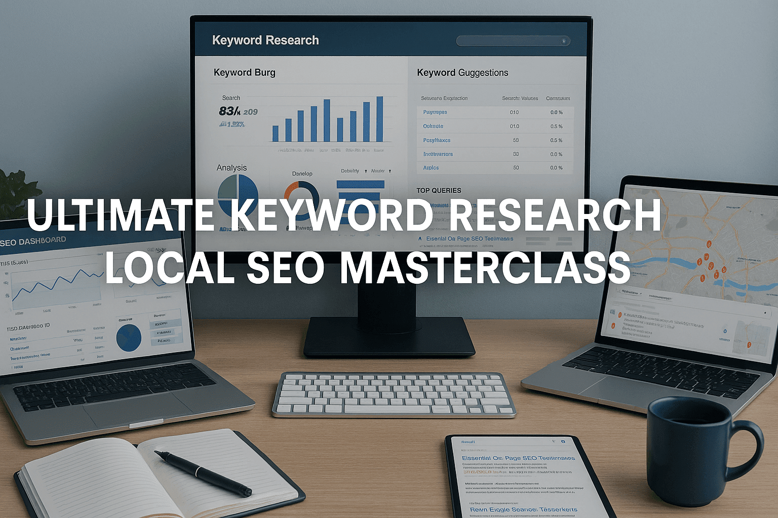 UK-style digital workspace with SEO dashboards, keyword research tools, local SEO maps, and analytics charts for a Keyword Research SEO course.