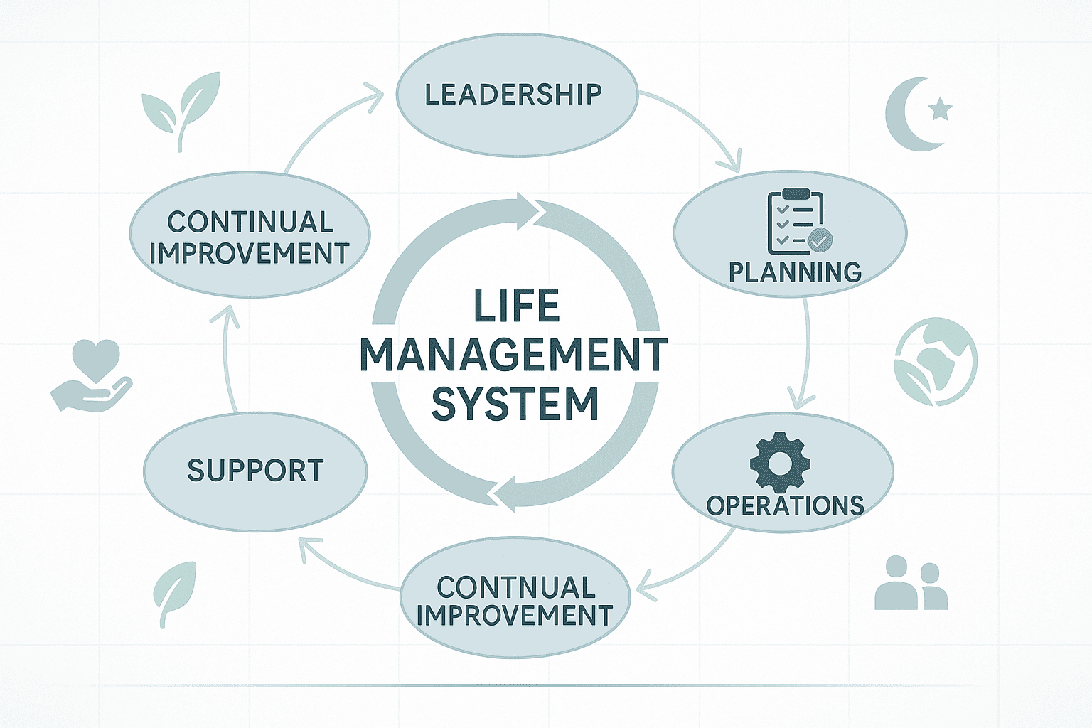 Life Management System framework showing leadership, planning, sustainability, and continual improvement principles