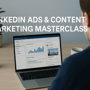 LinkedIn marketing masterclass image showing a UK learner planning LinkedIn ads, content strategy and analytics on a laptop.