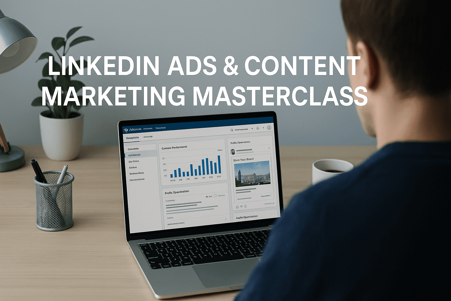 LinkedIn marketing masterclass image showing a UK learner planning LinkedIn ads, content strategy and analytics on a laptop.