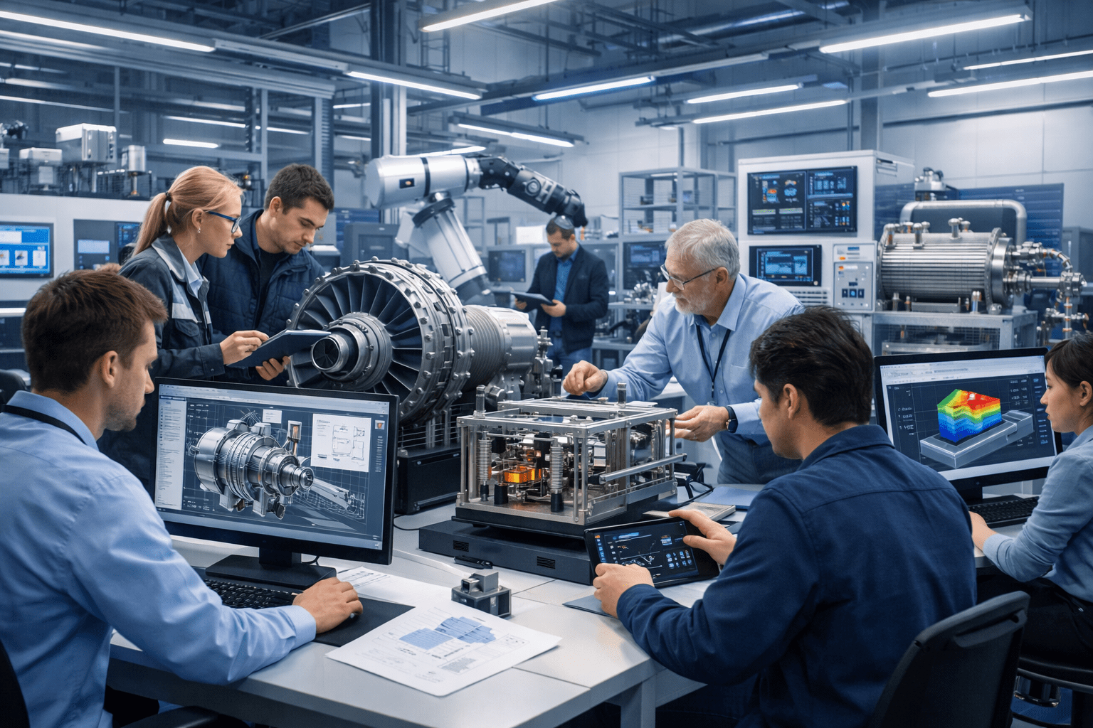 Mechanical engineering diploma level 7 students working on CAD, thermal systems and manufacturing simulations in an advanced lab