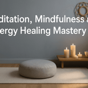 A peaceful UK-style meditation setup with candles, soft lighting, and mindfulness tools representing meditation and mindfulness training.