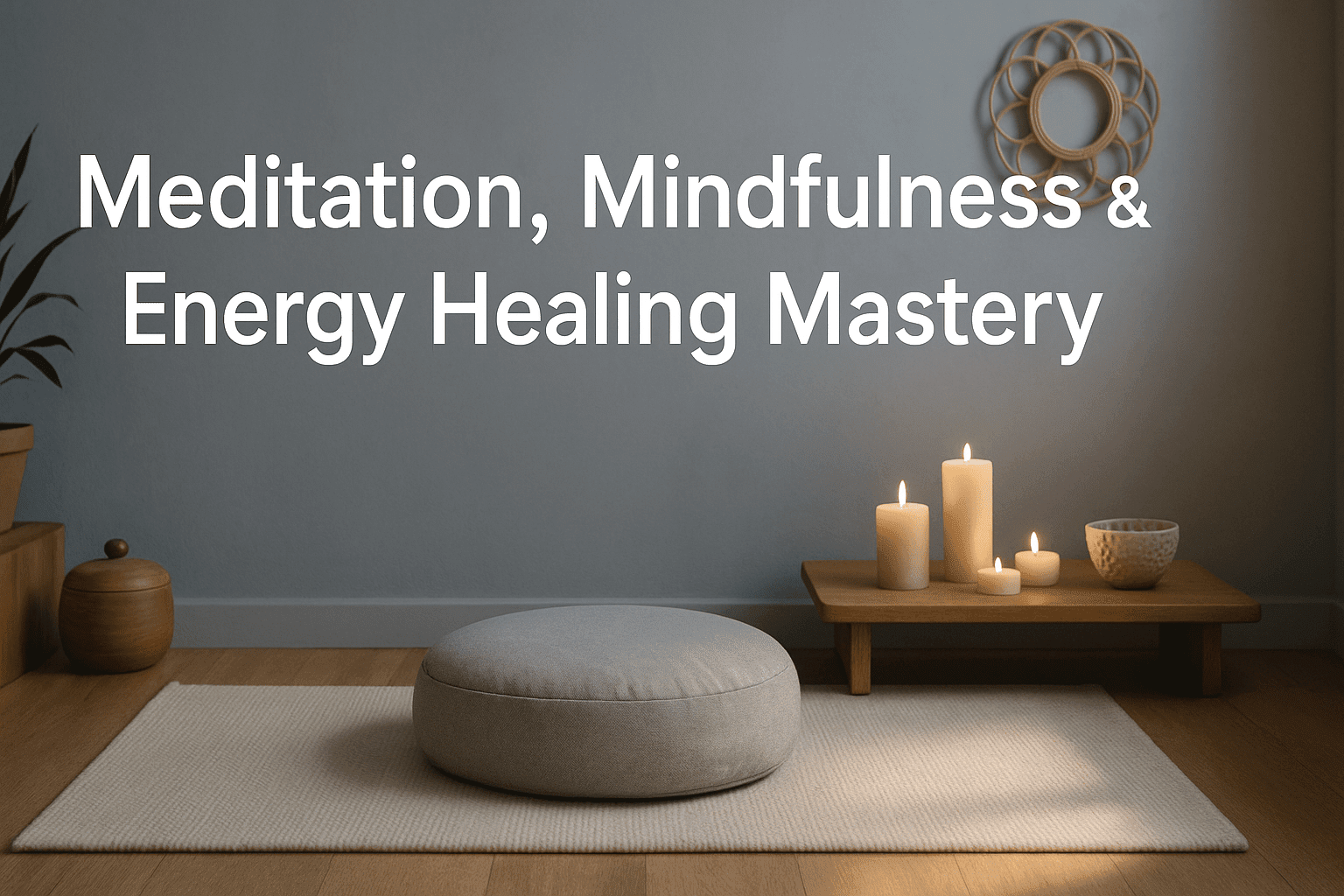 A peaceful UK-style meditation setup with candles, soft lighting, and mindfulness tools representing meditation and mindfulness training.