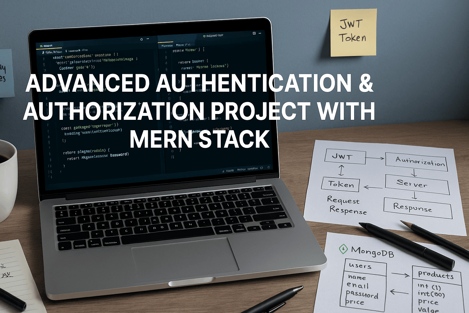 UK-style workspace showing code editor, MERN stack diagrams and security workflow for learning a MERN auth project.