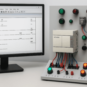 Mitsubishi PLC Programming lab showing GX Developer software, PLC wiring, timers, counters, and automation control panel