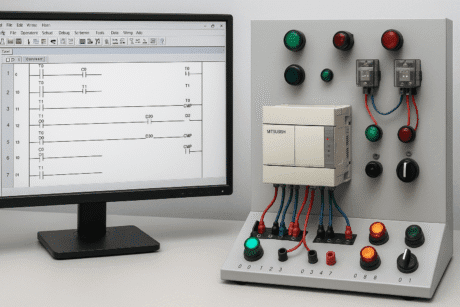 Mitsubishi PLC Programming lab showing GX Developer software, PLC wiring, timers, counters, and automation control panel