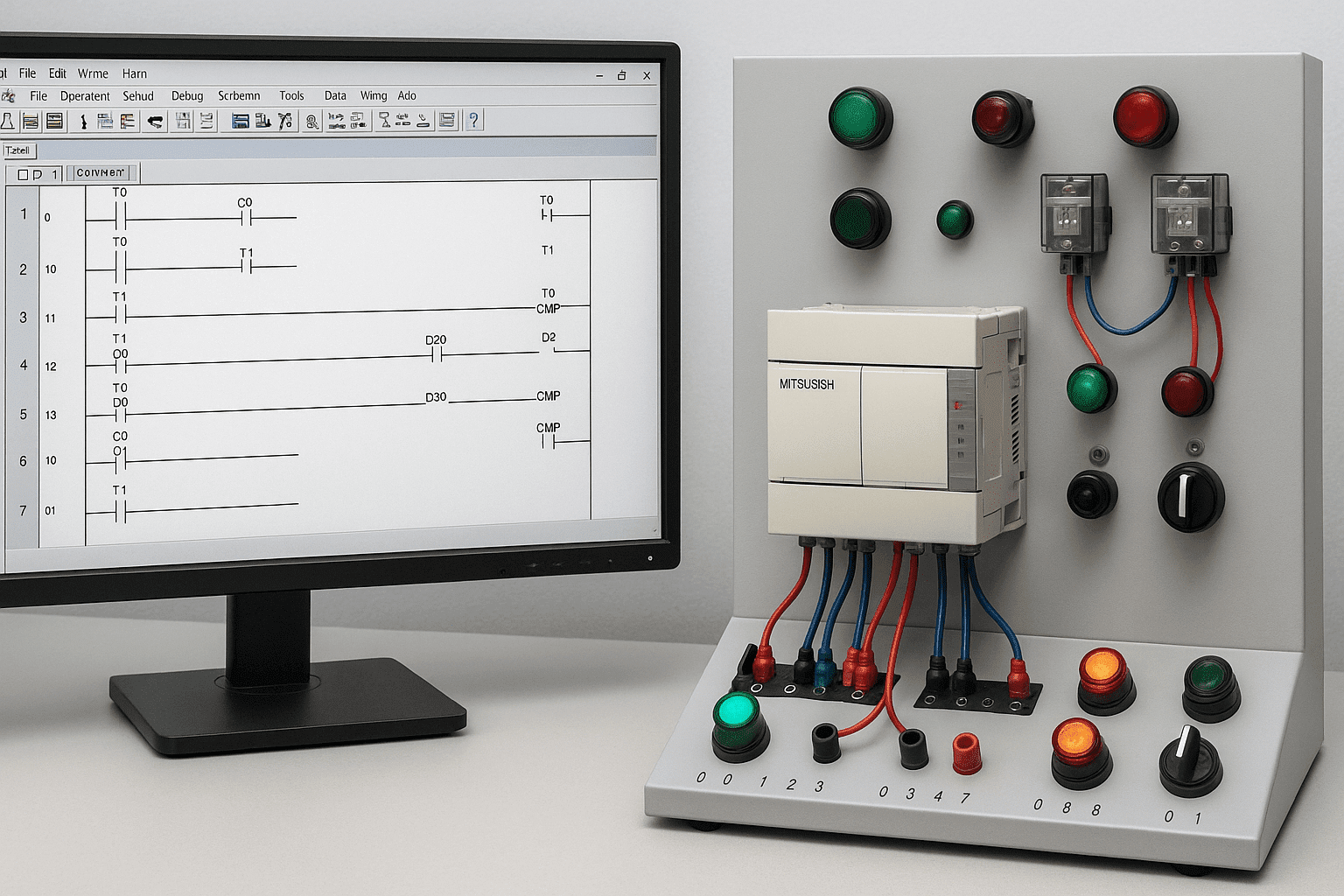 Mitsubishi PLC Programming lab showing GX Developer software, PLC wiring, timers, counters, and automation control panel
