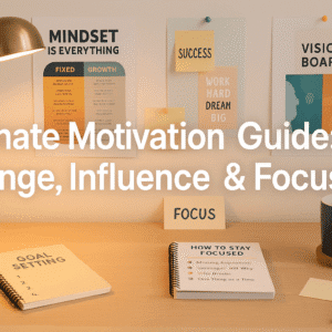 Modern motivational workspace featuring vision boards, focus tools, mindset charts and soft lighting, designed for motivation mastery training learners.