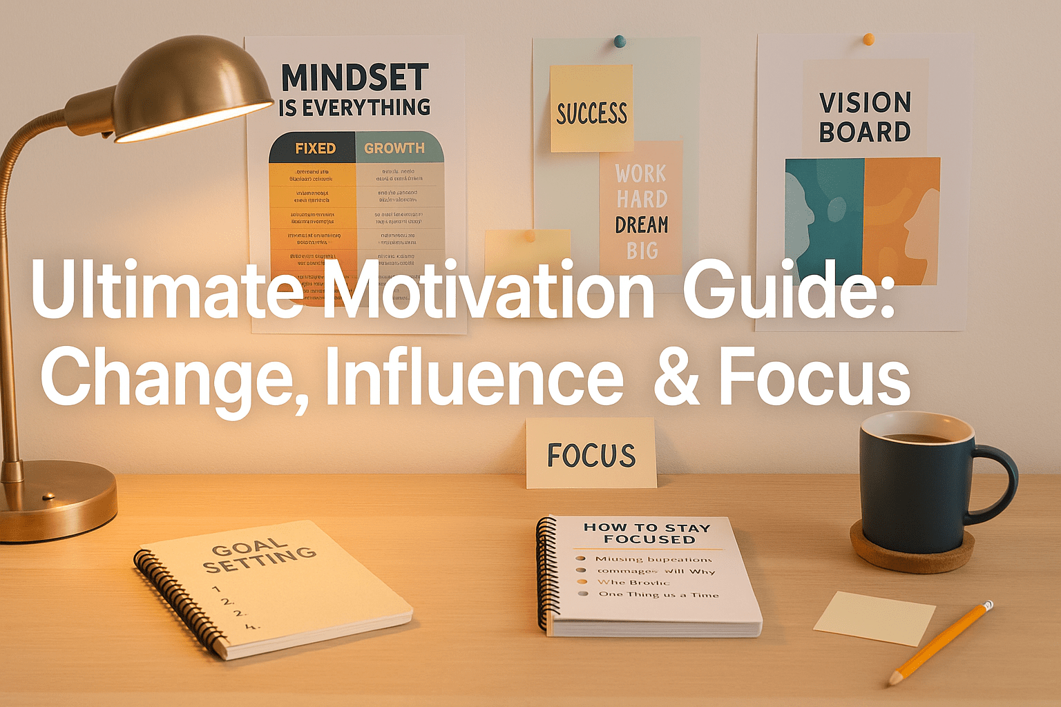 Modern motivational workspace featuring vision boards, focus tools, mindset charts and soft lighting, designed for motivation mastery training learners.