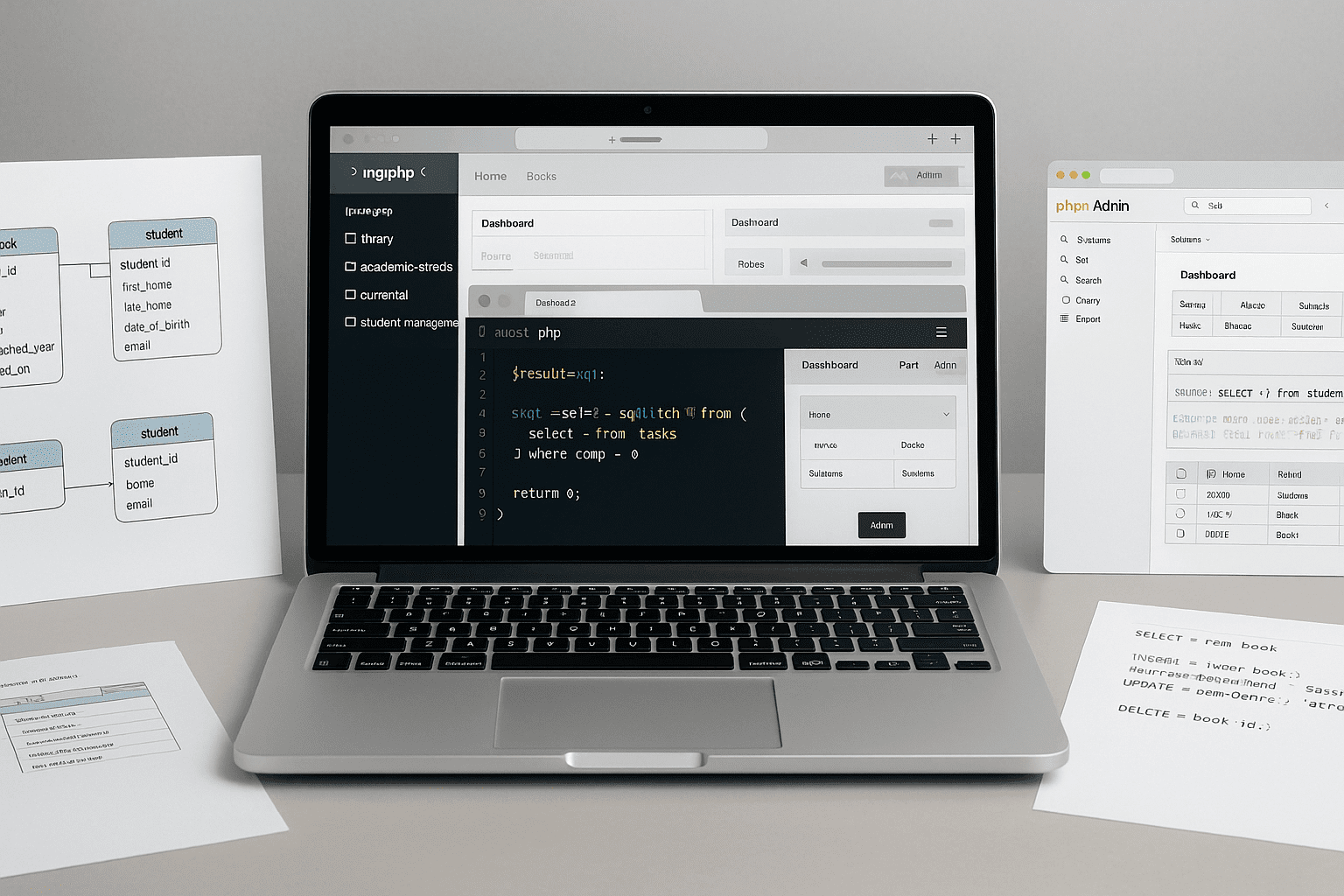 MySQL Projects Masterclass showing PHP code, database tables, CRUD operations, and web application dashboards