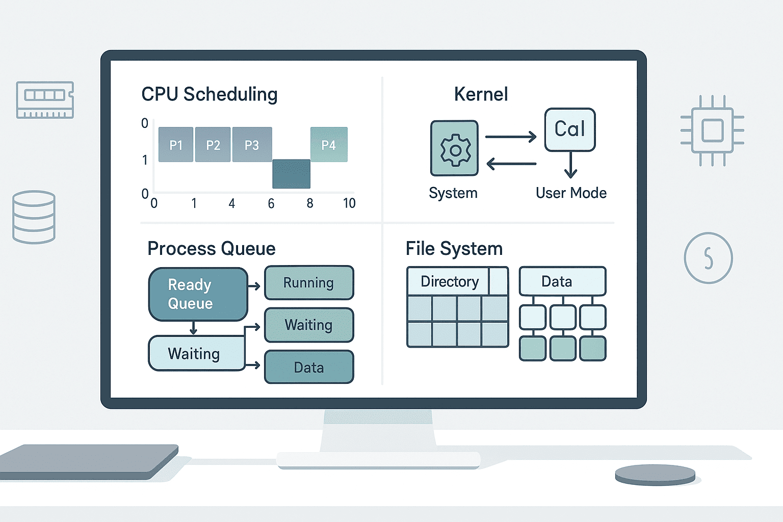 Operating system concepts visual showing CPU scheduling, file systems, and kernel processes in a modern computing environment