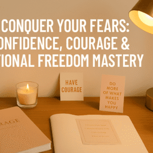 Modern UK-style desk with courage quotes, reflection journal, warm lighting and calming visuals representing overcoming fear mastery training.