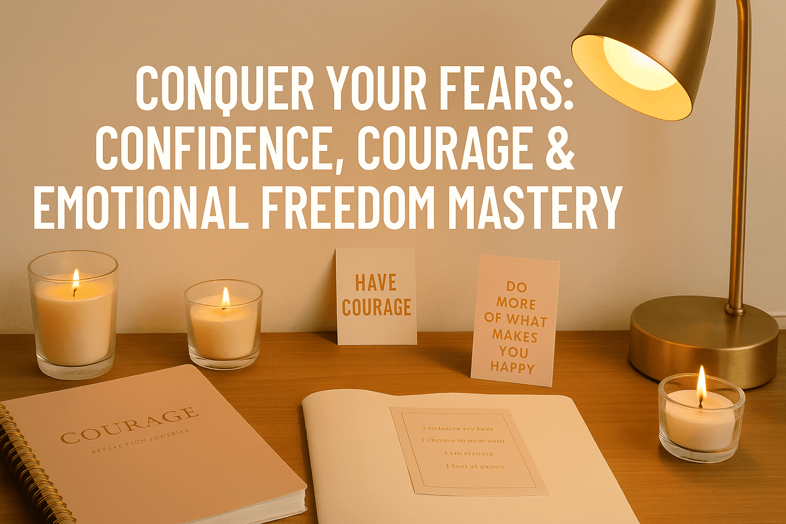Modern UK-style desk with courage quotes, reflection journal, warm lighting and calming visuals representing overcoming fear mastery training.