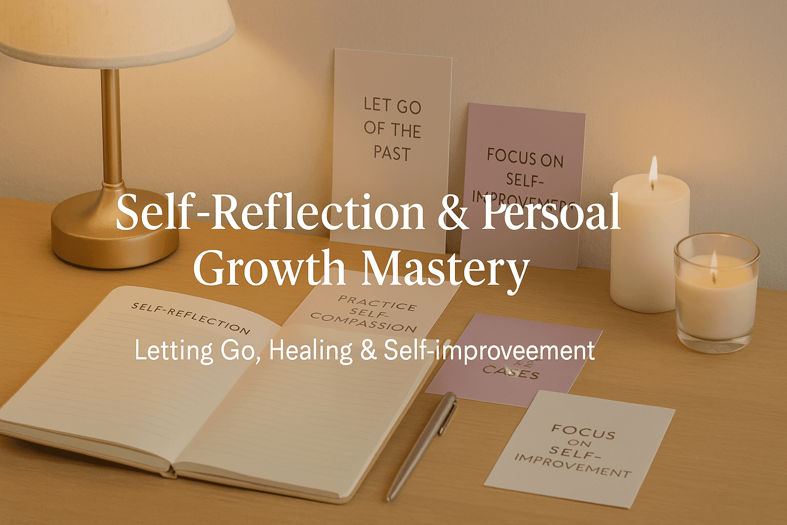 Calm UK-style workspace with journals, reflection cards, soft lighting and healing elements, created to illustrate personal growth mastery concepts.