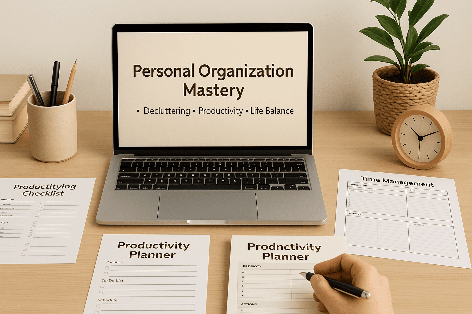 A UK learner organising study materials, decluttering tools and productivity worksheets for the Personal Organization Mastery course.