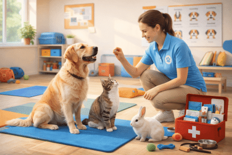 Trainer working with dogs, cats and rabbits in a Pet Training Course with behaviour, care and first aid visuals