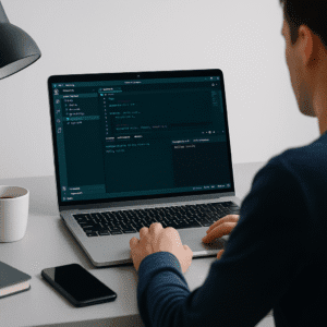 Beginner developer learning PHP on a laptop with code editor and terminal visible, representing a PHP for Beginners course.