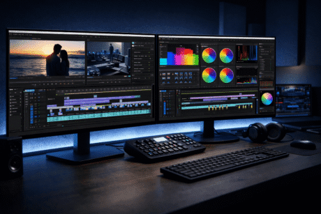 Premiere pro editing workspace showing professional video timeline, colour tools and broadcast-ready project setup