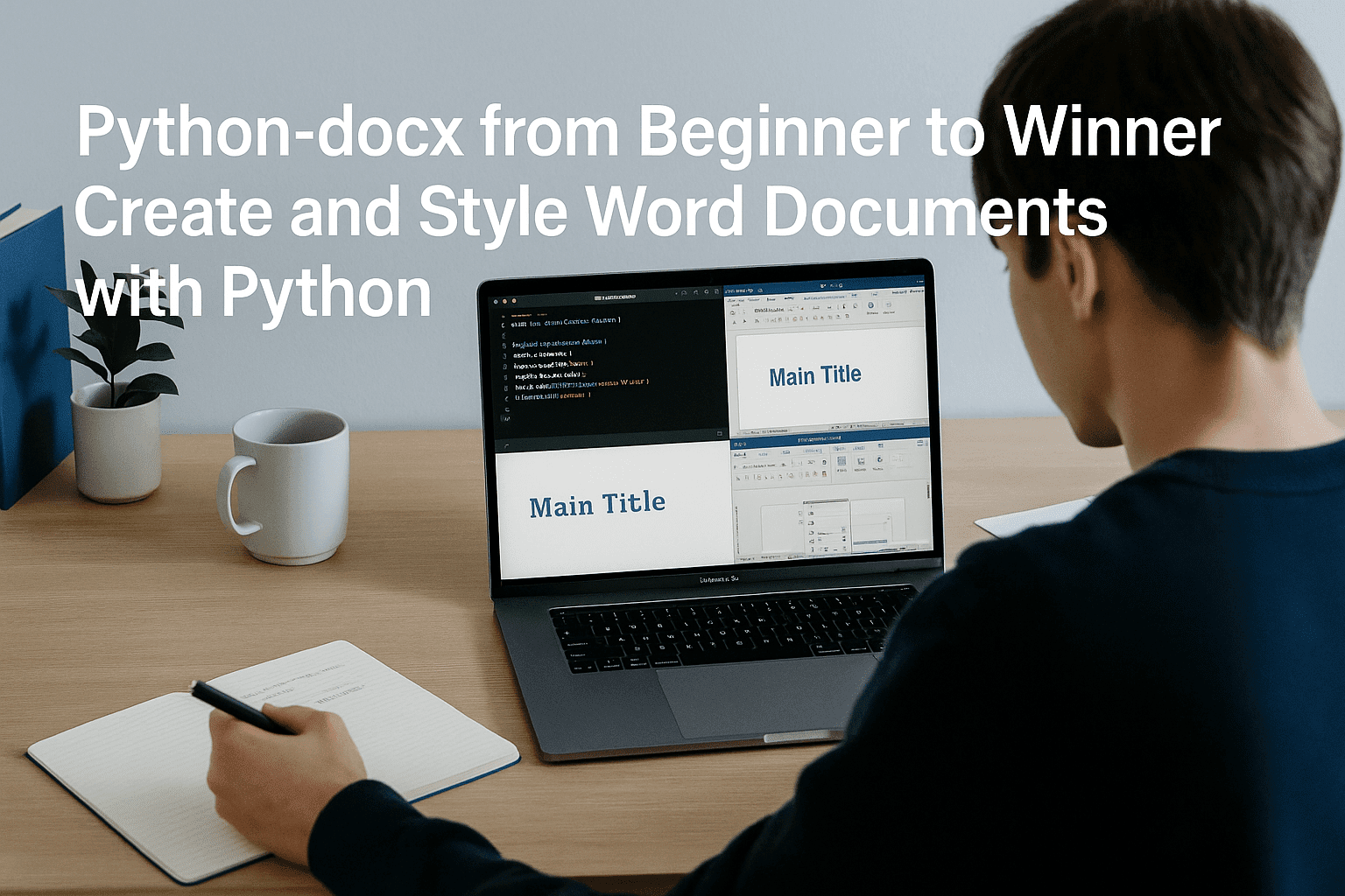 Python docx tutorial image showing a UK learner creating and styling Word documents using Python on a laptop.