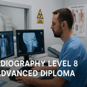 Radiographer using advanced imaging equipment in a clinical UK setting, reviewing scans and demonstrating skills from the Radiography Advanced Diploma.