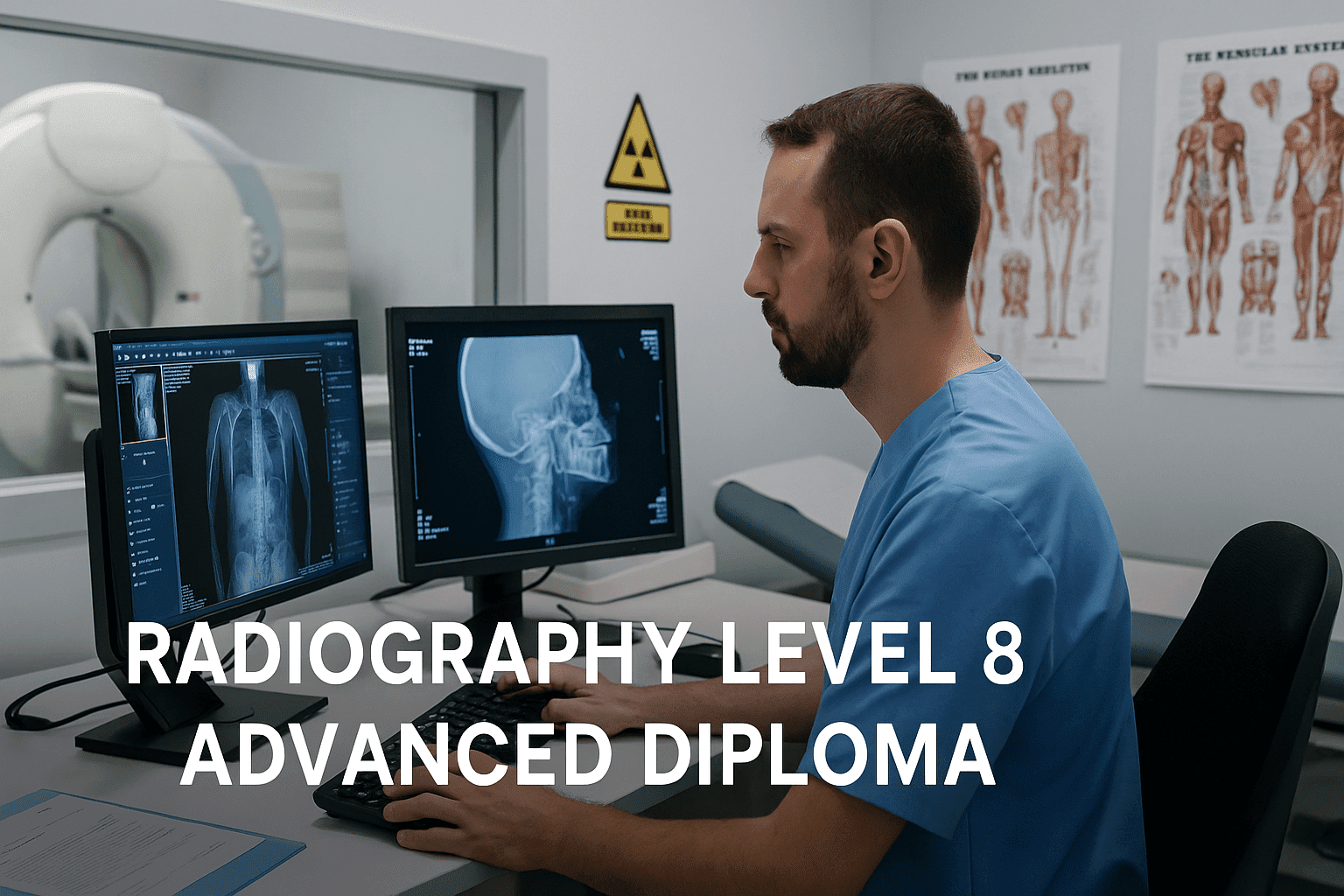 Radiographer using advanced imaging equipment in a clinical UK setting, reviewing scans and demonstrating skills from the Radiography Advanced Diploma.