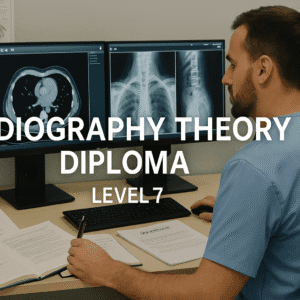 Radiographer studying advanced imaging theory with anatomical charts, digital scans and physics resources representing the Radiography Theory Diploma.