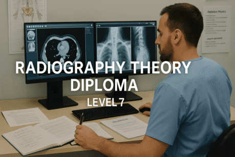Radiographer studying advanced imaging theory with anatomical charts, digital scans and physics resources representing the Radiography Theory Diploma.