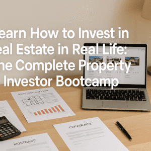 Real estate investing course image featuring a UK learner studying property deals, rental maths and market research at a tidy desk.