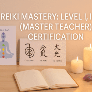 Calm Reiki master certification scene with healing symbols, chakra visuals, soft lighting and a serene UK-style spiritual learning workspace.