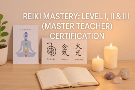 Calm Reiki master certification scene with healing symbols, chakra visuals, soft lighting and a serene UK-style spiritual learning workspace.