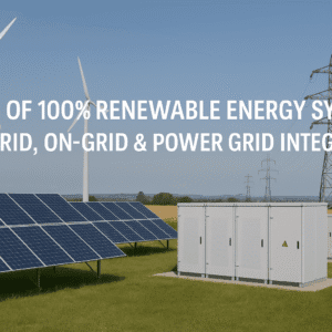 Modern renewable energy systems with solar panels, wind turbines, and grid integration, illustrating renewable energy systems design.