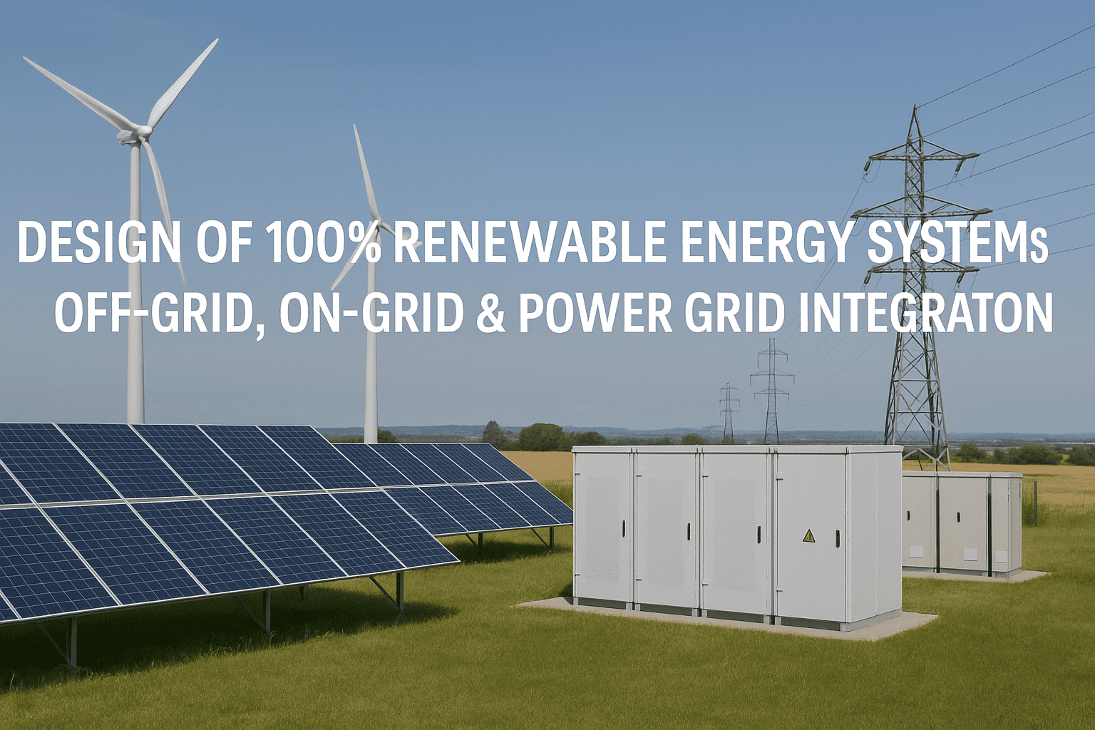 Modern renewable energy systems with solar panels, wind turbines, and grid integration, illustrating renewable energy systems design.