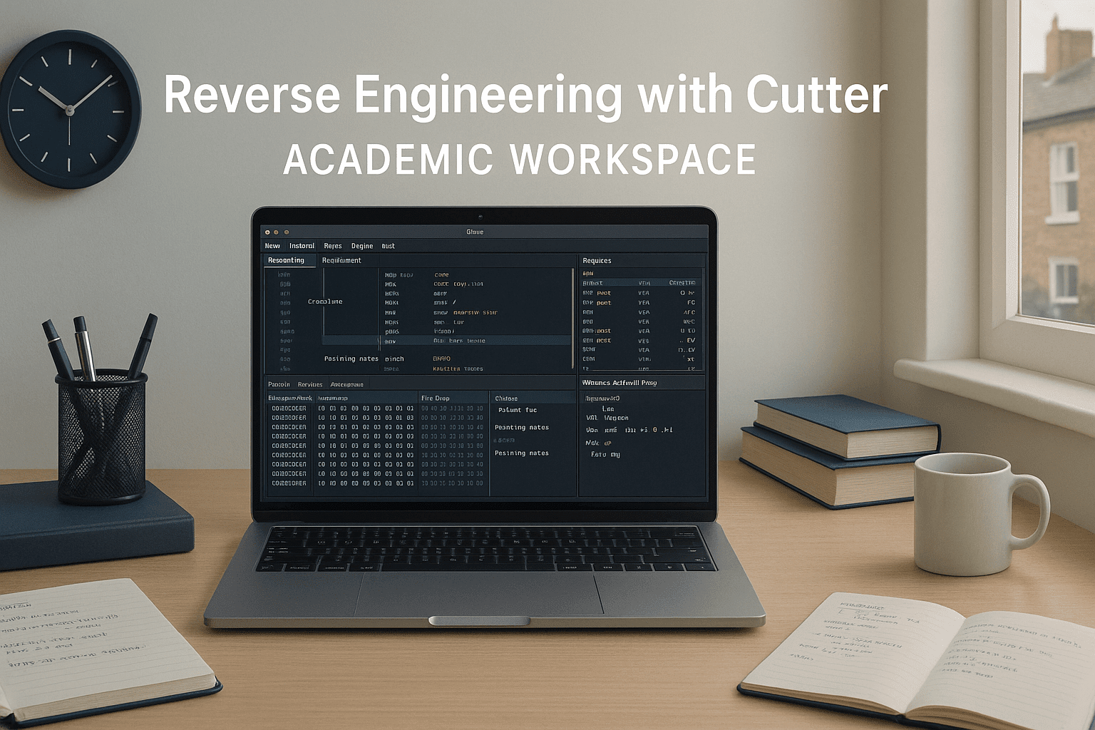 Reverse engineering Cutter course image showing a UK-style desk with CrackMe files, disassembly views and debugging tools on screen.