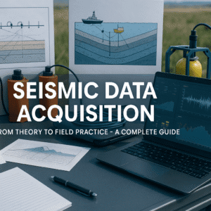 Modern UK-style field workstation showing seismic sensors, marine and land equipment, and 3D survey visuals for Seismic Data Acquisition.
