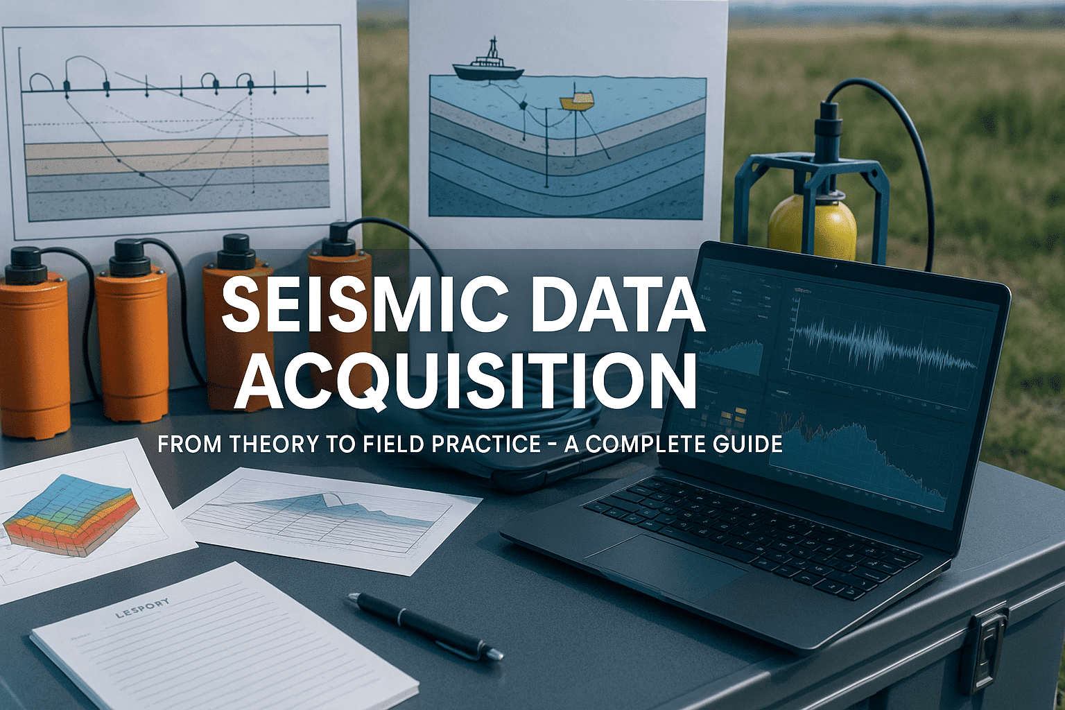 Modern UK-style field workstation showing seismic sensors, marine and land equipment, and 3D survey visuals for Seismic Data Acquisition.