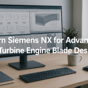 Siemens NX turbine design course image showing aerofoil sketches, fir-tree root geometry, shroud and cooling channel modelling.