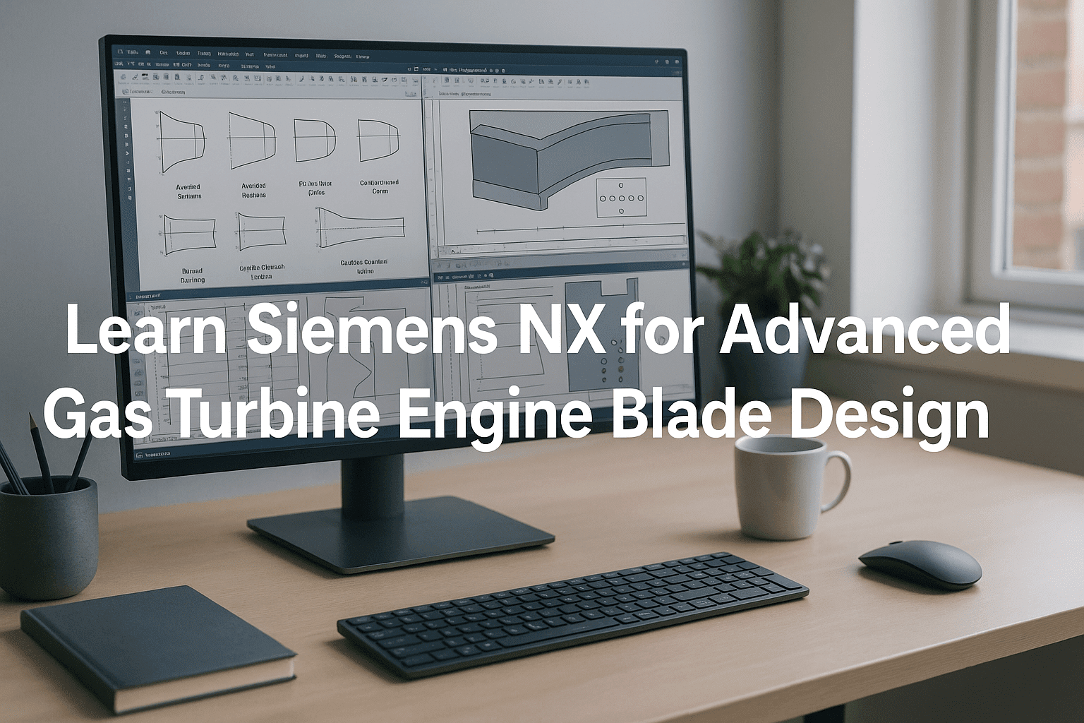 Siemens NX turbine design course image showing aerofoil sketches, fir-tree root geometry, shroud and cooling channel modelling.