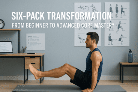 UK-style fitness desk setup showing learner practising core drills with workout visuals, highlighting six pack training.