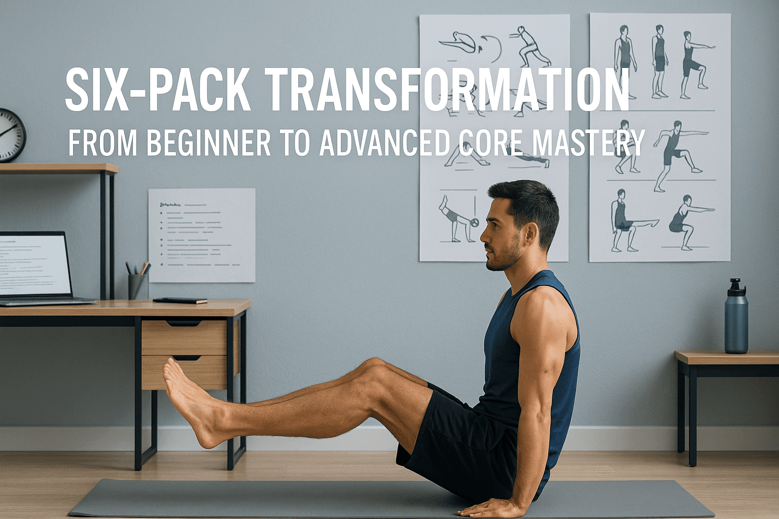 UK-style fitness desk setup showing learner practising core drills with workout visuals, highlighting six pack training.